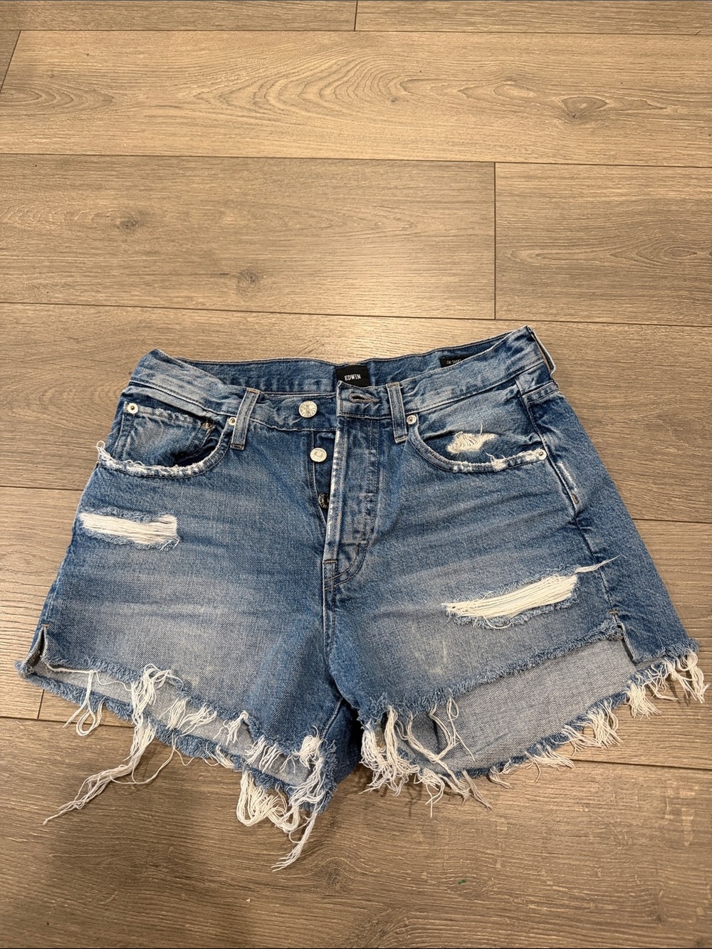 Edwin Frayed Distressed Denim Shorts in Blue